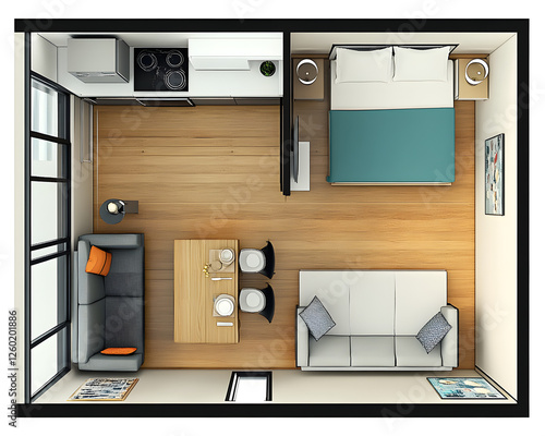 3D plan of an apartment, studio-style with a kitchen and living room in one space, 2 meters long by 3 meters wide, 45-degree angle view from above. There is also the entrance, where you can  photo