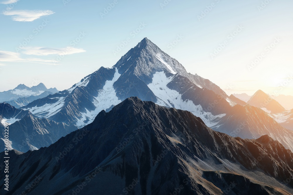 Golden rays break through the horizon, casting a warm glow on majestic mountains, creating a tranquil atmosphere for morning contemplation