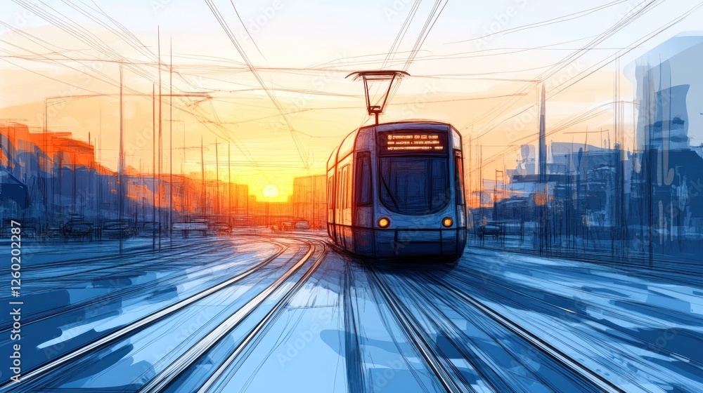 Fototapeta premium Urban Transit at Sunset: A Digital Painting of a Tram