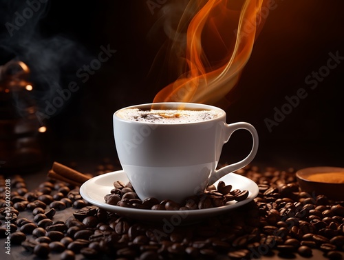 An elegant cup of coffee with latte art, featuring a pouring of milk from the top right corner to create heart-shaped patterns on the surface. The black mug is set against a dark grey background