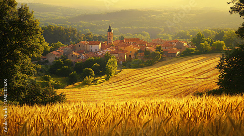 Small village surrounded by trees and wheat field in the french countryside landscape photo