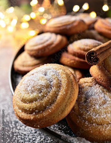 Delicious snickerdoodle cookies sprinkled with sugar on dark plate with cinnamon stick and christmas lights photo