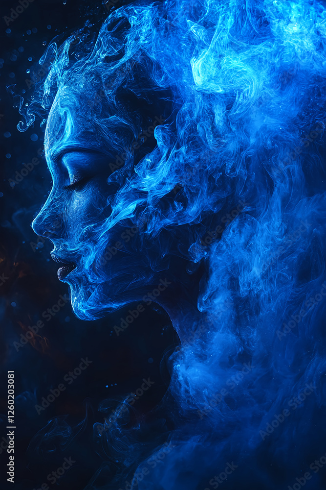 A beautiful woman's face made of smoke, surrounded by blue water waves, in a mysterious and ethereal style, with dreamy colors, surreal photography, ultra-high definition images, and a mysterious A beautiful woman's face made of smoke, surrounded by blue water waves, in a mysterious and ethereal style, with dreamy colors, surreal photography, ultra-high definition images, and a mysterious