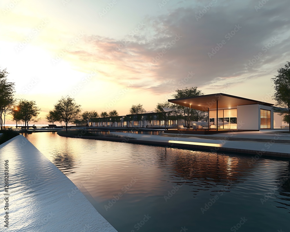 Fototapeta premium Modern architecture by the serene water.