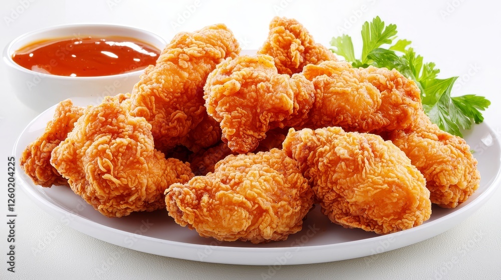 Crispy Fried Chicken Nuggets with Sauce on a White Plate, Food, Appetizer Crispy Fried Chicken Nuggets with Sauce on a White Plate, Food, Appetizer