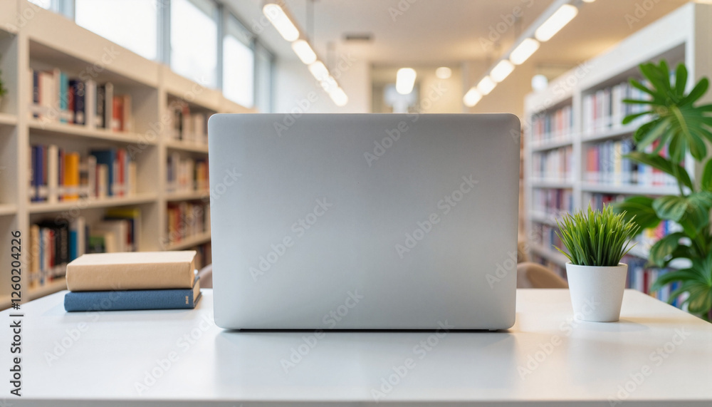 Closed laptop in modern library with books and plant, minimalism Closed laptop in modern library with books and plant, minimalism