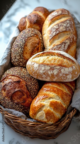 An appealing assortment of artisan breads displayed in a cozy woven basket, showcasing the intricate designs and crustiness that invites enjoyment and sharing among friends. photo