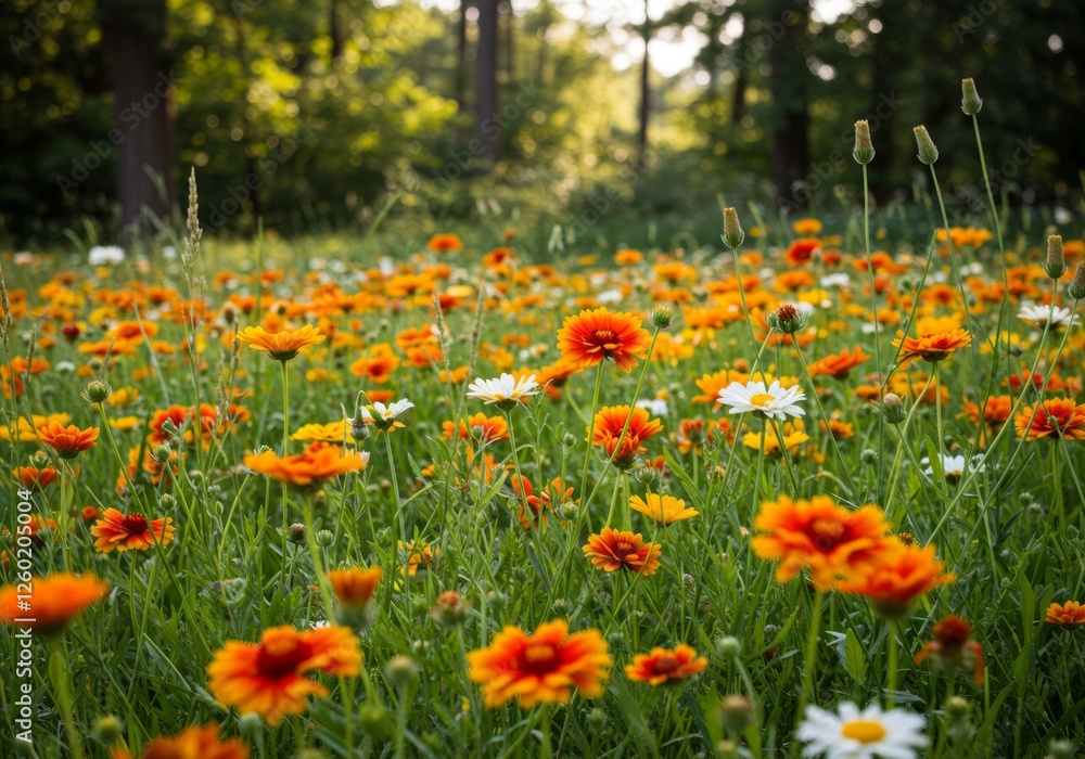 Wildflower meadow with orange, yellow, and white blossoms. Blurred forest background Wildflower meadow with orange, yellow, and white blossoms. Blurred forest background