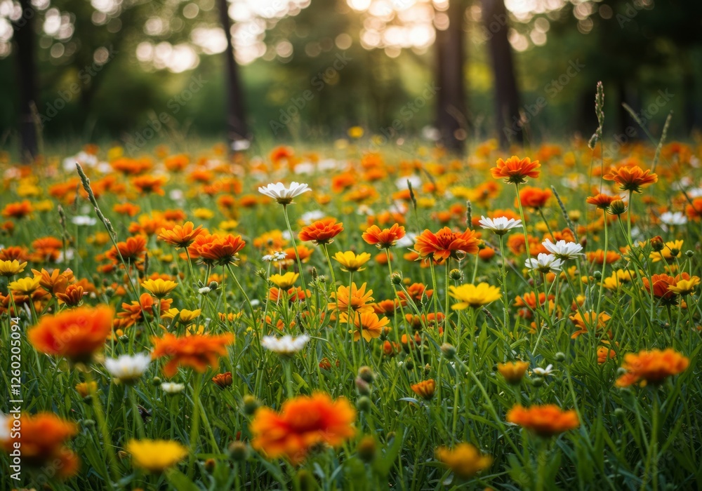Wildflower meadow with orange, yellow, and white blossoms. Blurred forest background Wildflower meadow with orange, yellow, and white blossoms. Blurred forest background
