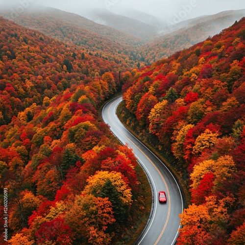 red car on an autumn road in the mountains
