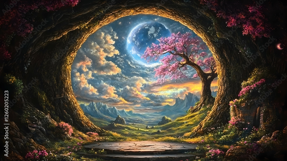 Obraz premium Fantasy cave portal, planet, tree, landscape, sunset; digital art