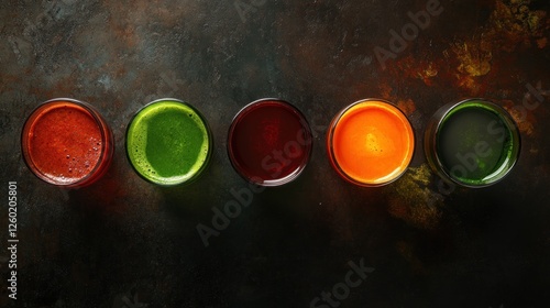 Five colorful juice glasses on rustic surface, healthy lifestyle concept photo