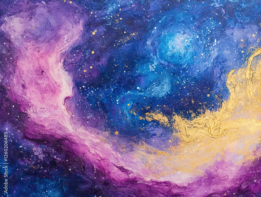 Fototapeta premium Cosmic Nebula Painting, Purple, Blue, Gold, Swirling Space Art, Galaxy Background