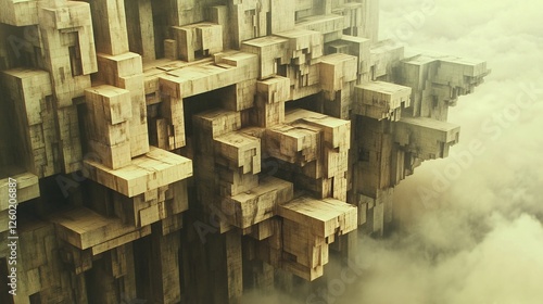 Abstract Beige Cubic City Floating in Mist. AI Generated