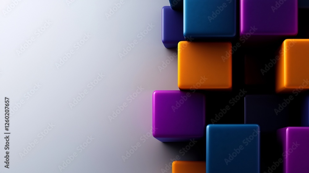 Abstract Geometric Composition Of Multicolored 3D Cubes Against Grey Background Abstract Geometric Composition Of Multicolored 3D Cubes Against Grey Background