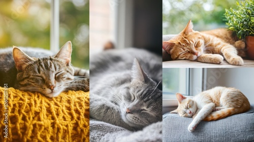 Various breeds of cats napping in cozy settings. A diverse scene emphasizing relaxation and comfort. Perfect for pet care promotions. Cats sleeping on window sills, sofas, and garden benches.