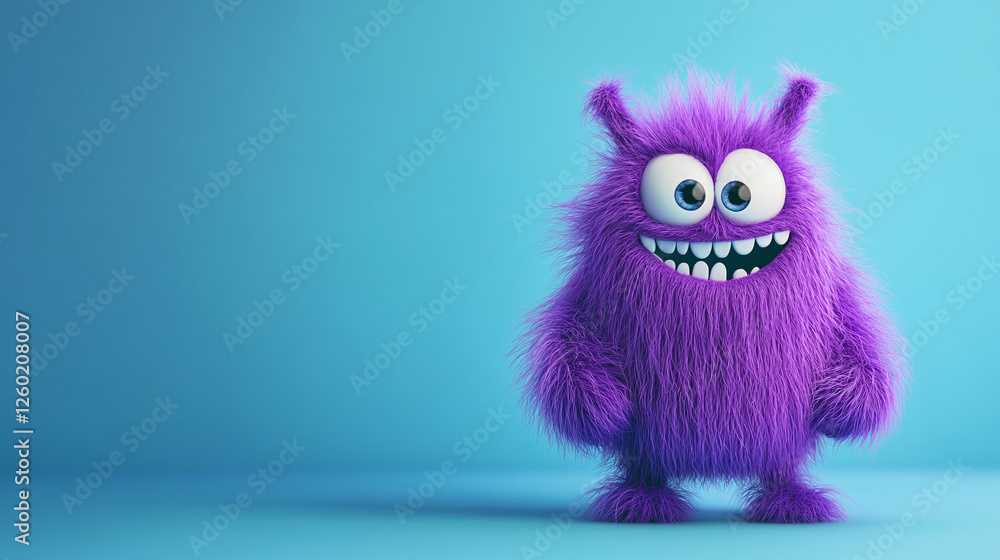 Cute fluffy purple monster on blue studio background