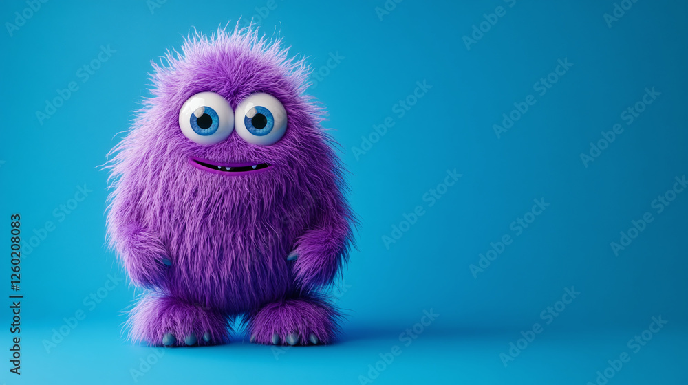 Fototapeta premium Cute fluffy purple monster on blue studio background