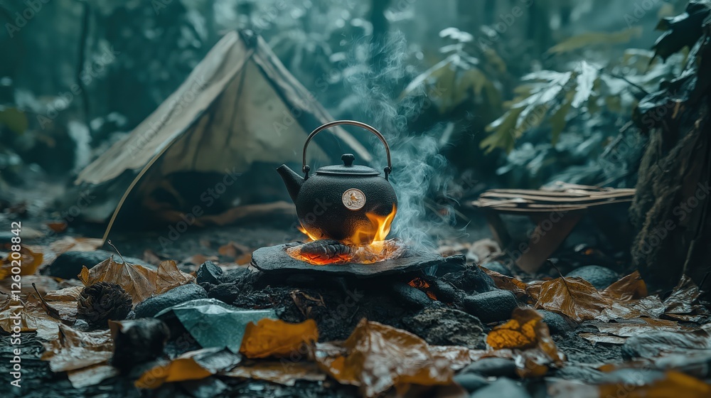 camp fire in the forest with a teapot camp fire in the forest with a teapot