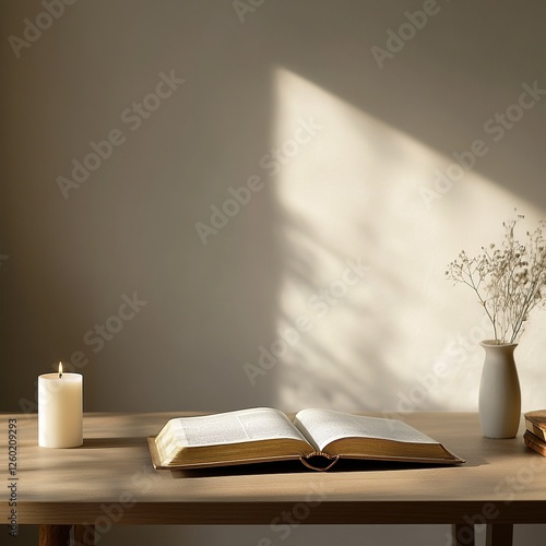 Wallpaper Mural A minimalist desk setup with elegant Christian decor, featuring a small cross, an open Bible, and warm lighting for a peaceful ambiance.

 Torontodigital.ca
