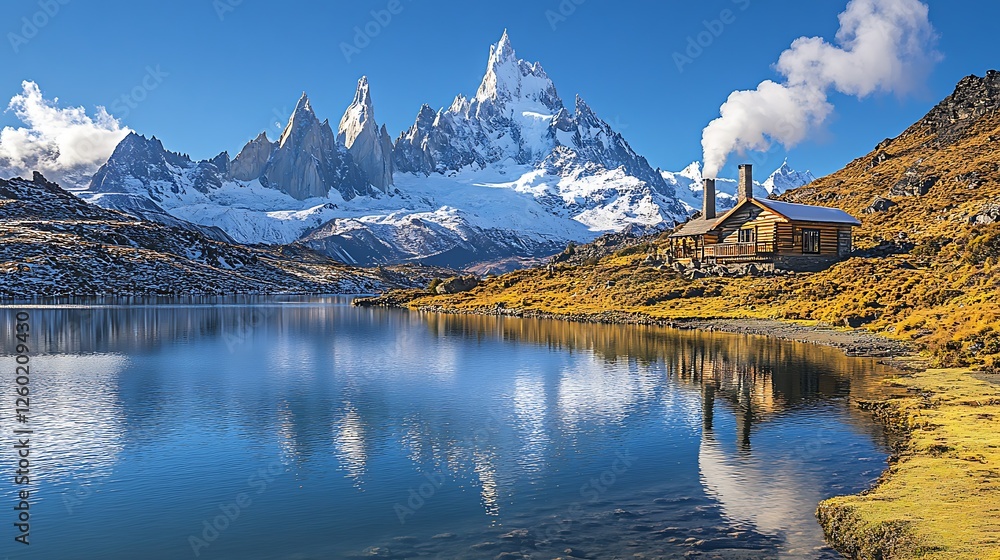 Naklejka premium Mountain lake cabin reflection Patagonia autumn
