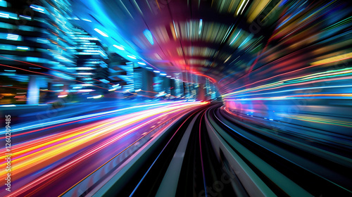 Motion blur of train moving inside tunnel photo