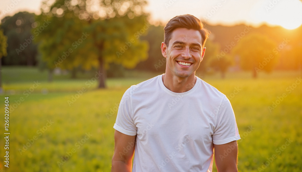 Smiling male model in t-shirt during golden hour in park, joy and warmth Smiling male model in t-shirt during golden hour in park, joy and warmth