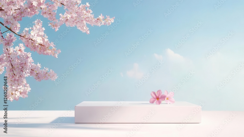 Floating podium with blooming flowers and pastel blossoms, minimal and clean design for springtime presentations Floating podium with blooming flowers and pastel blossoms, minimal and clean design for springtime presentations