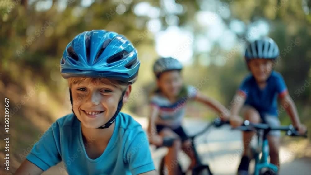 A joyful young boy riding a bicycle with friends in nature. A joyful young boy riding a bicycle with friends in nature.