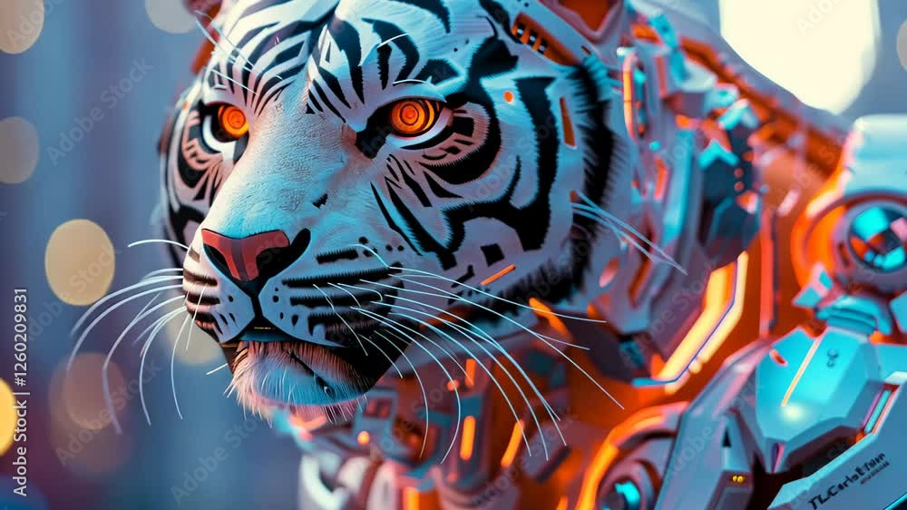 A robotic tiger with intricate metallic features and glowing accents gazes intently in a bustling city environment as evening lights illuminate the surroundings. A robotic tiger with intricate metallic features and glowing accents gazes intently in a bustling city environment as evening lights illuminate the surroundings.