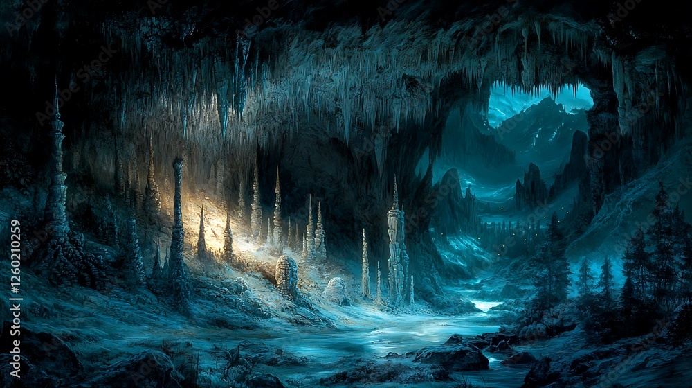 Obraz premium Magical ice cave landscape, glowing columns, fantasy scene, artwork