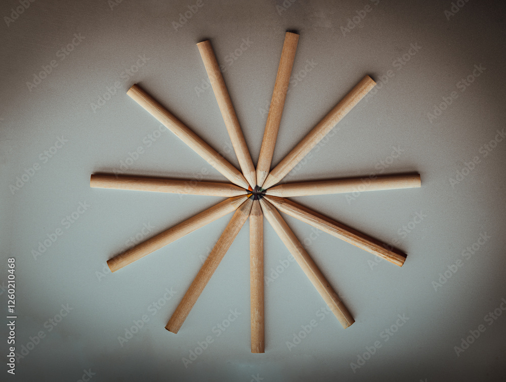 Top view of Brown crayons arranged in a circle on silver background. Wooden colored pencils come together and circle, An artistic display of colored pencils, Stationery for drawing, Minimalism art.