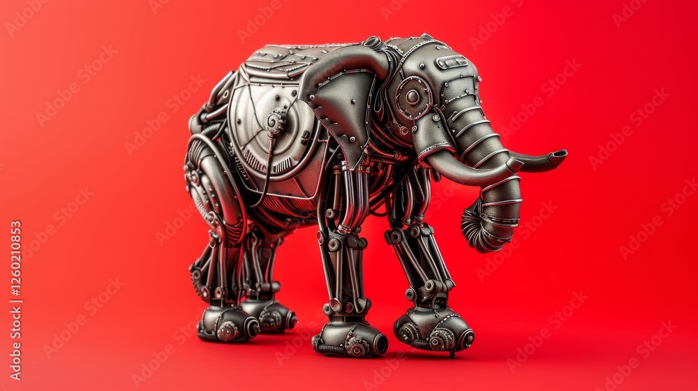 A futuristic steampunk-inspired robotic elephant with intricate metallic details and mechanical joints stands against a striking red background. AI generated. A futuristic steampunk-inspired robotic elephant with intricate metallic details and mechanical joints stands against a striking red background. AI generated.