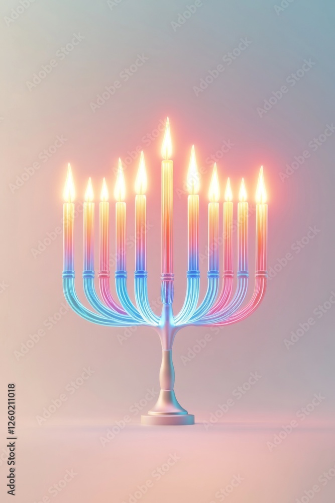 Glowing menorah with pastel candles. Festive Hanukkah image. Glowing menorah with pastel candles. Festive Hanukkah image.