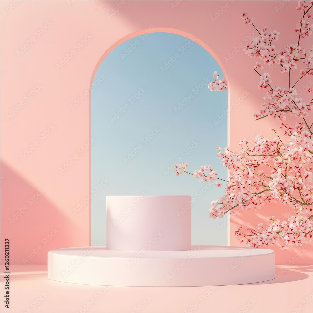 Minimal podium with blooming flowers at the base, surrounded by a soft spring breeze and pastel colors Minimal podium with blooming flowers at the base, surrounded by a soft spring breeze and pastel colors