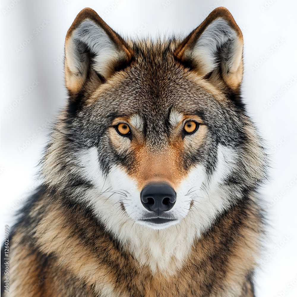 Fototapeta premium Majestic wolf portrait, snowy background, wildlife photography, nature poster