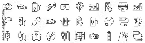 Set of 30 outline icons related to charging.  Linear icon collection. Editable stroke. Vector illustration	