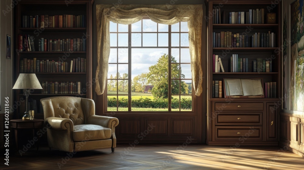 Cozy reading nook with a view of a lush garden outside Cozy reading nook with a view of a lush garden outside