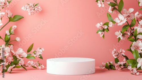 Minimal white podium surrounded by light pink and pastel flowers, springtime lighting for an elegant product mockup