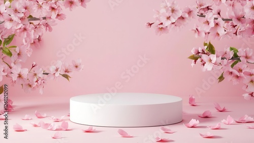 Minimal white podium surrounded by cherry blossom petals, soft natural light for a clean springtime mockup