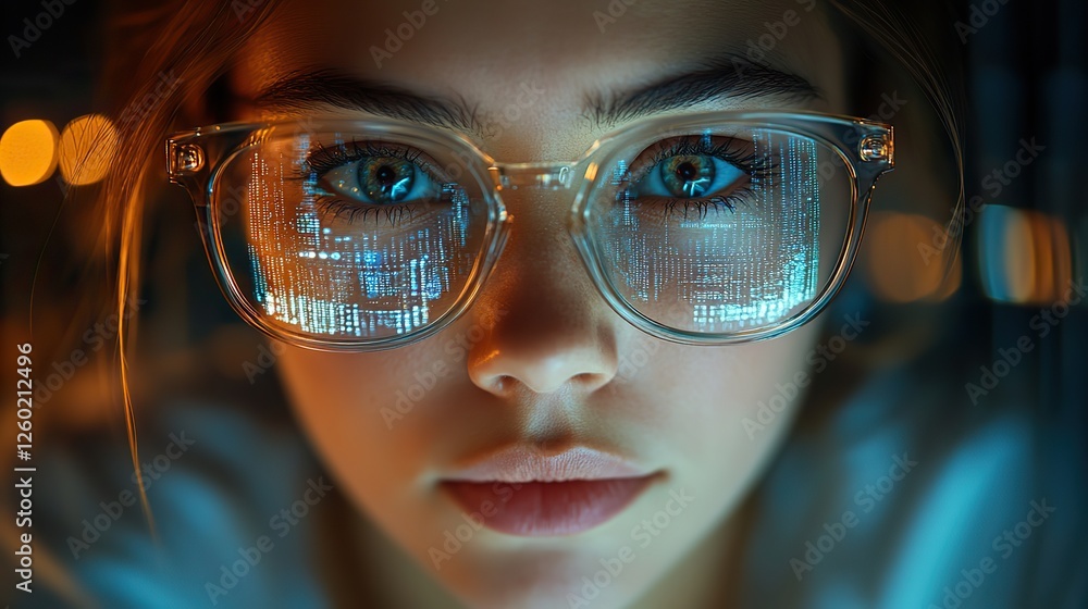 software a holographic coding system and a woman working in information technology data analytics programmer or information technology worker with glasses reading computer scripts programmin software a holographic coding system and a woman working in information technology data analytics programmer or information technology worker with glasses reading computer scripts programmin
