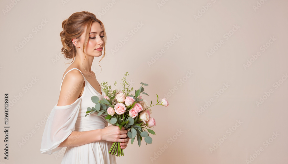 Bride holding bouquet of pink roses against neutral background Bride holding bouquet of pink roses against neutral background