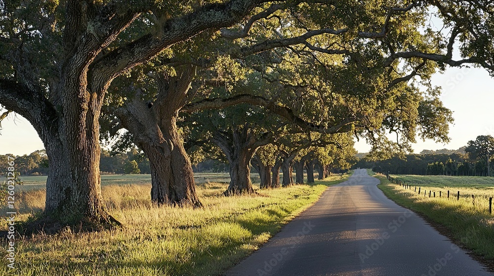 Naklejka premium Scenic tree-lined road with massive oaks and hanging moss. Sunlight filters through branches, casting shadows on the path. Tranquil and picturesque countryside view. Generative AI