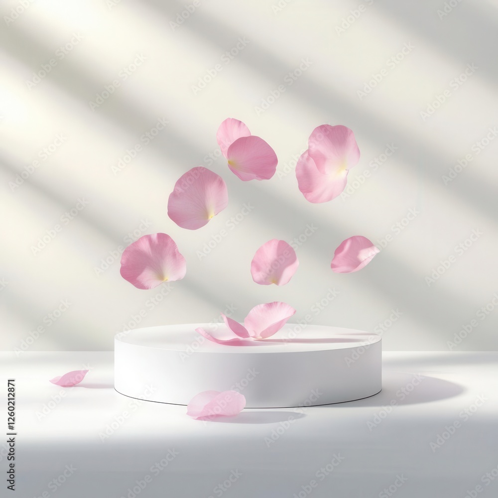 Minimal white podium with light pink petals gently falling, soft shadows creating a fresh spring product mockup