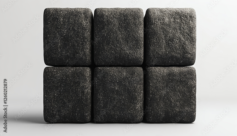 Black stone block wall isolated on a white background with a clipping path, frontal view. Black stone block wall isolated on a white background with a clipping path, frontal view.