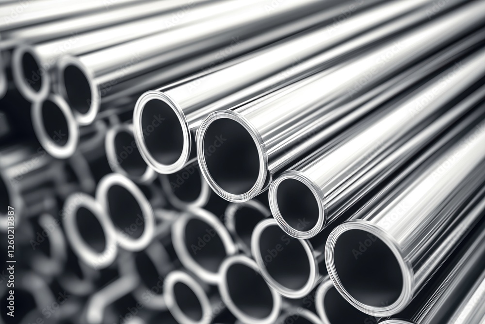 Shiny Metal Tubes Gleam in Stack, Industrial Metal Pipes Close Up, Polished Steel Cylinders, Manufacturing Process, Stacked Tubes Shiny Metal Tubes Gleam in Stack, Industrial Metal Pipes Close Up, Polished Steel Cylinders, Manufacturing Process, Stacked Tubes