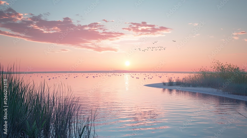 Obraz premium Flock of flamingos wading in a vibrant pink lake. The unique water color contrasts with the elegant birds, creating a surreal and picturesque wildlife scene. Generative AI.