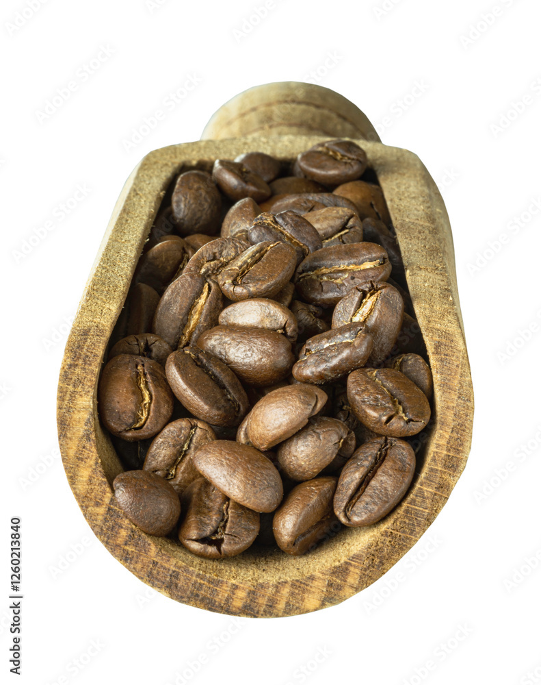 Close-up of Roasted coffee beans on a rich textured surface in Wooden coffee scoop isolated on White background with clipping path. Enjoy your morning coffee for living, use it as your Space for text,