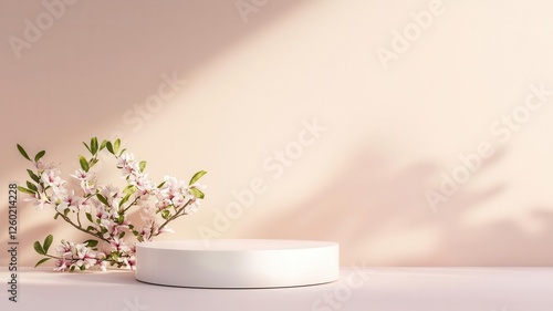 Minimalist podium with delicate flowers blooming around the base, soft spring lighting creating a fresh atmosphere