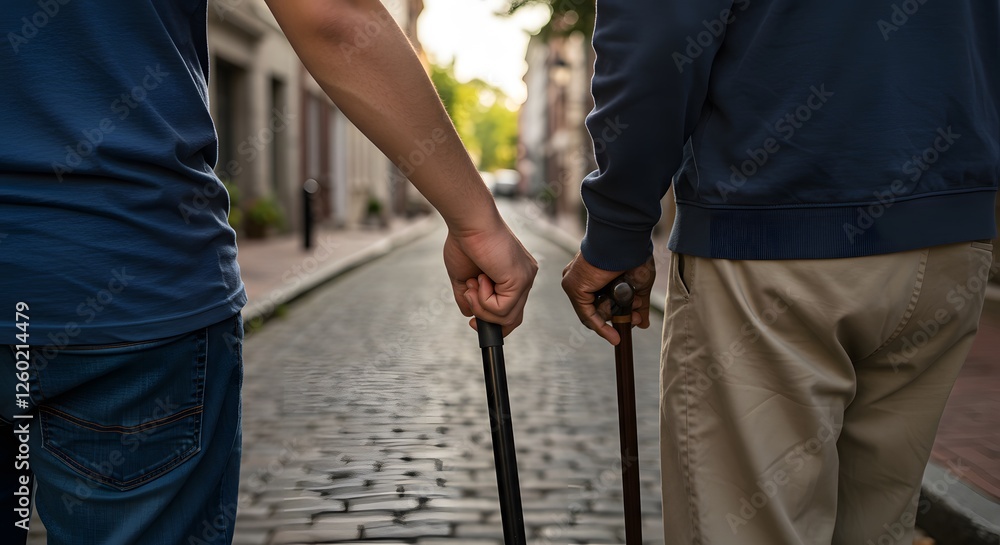 A young man supports an elderly person, walking together on a cobblestone street, a heartwarming scene of companionship and care. A young man supports an elderly person, walking together on a cobblestone street, a heartwarming scene of companionship and care.
